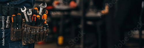 Person wearing a leather tool belt with tools like hammers, screwdrivers, and pliers. Handcrafted pouch for workers in the service industry, for sale banner or service poster with copy space.