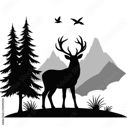 Majestic stag standing tall with mountainous backdrop and flying birds deer antlers