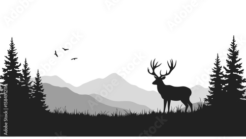 Majestic stag stands in a serene mountain landscape antlers silhouette