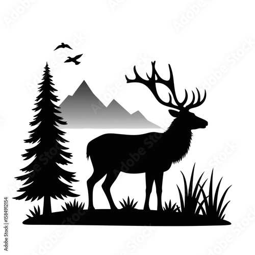 Majestic stag stands tall amidst forest and mountains silhouette grass