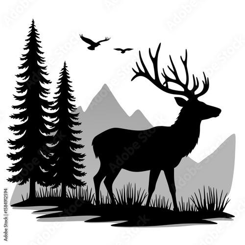 Majestic stag with antlers in forest landscape with birds trees mountains
