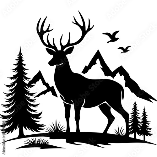 Majestic stag with antlers stands in a mountain landscape with trees and birds deer
