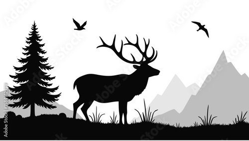 Majestic stag with antlers stands in a mountain landscape with birds flying deer
