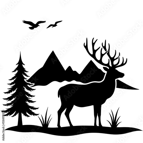 Majestic stag with antlers stands near pine trees and mountains birds