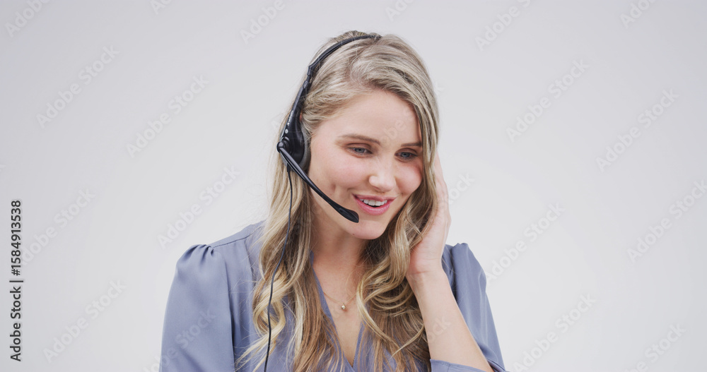 Call center, smile and woman in studio for telemarketing, thinking or feedback. Sales consultant, headset and contact us for outbound solution, lead generation or listening on white background space Call center, smile and woman in studio for telemarketing, thinking or feedback. Sales consultant, headset and contact us for outbound solution, lead generation or listening on white background space