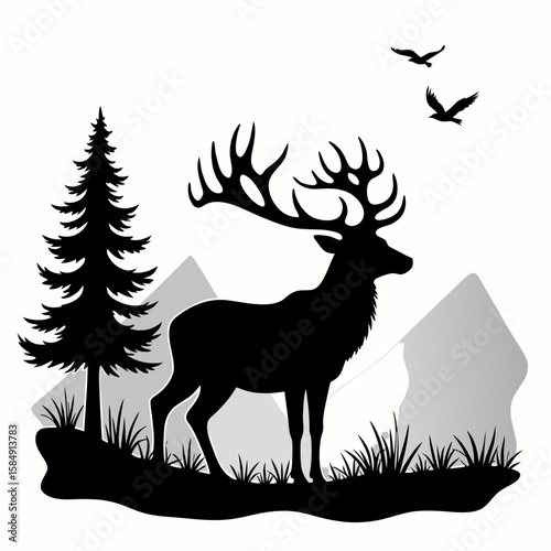 Majestic stag with large antlers stands in a grassy landscape with mountains and birds