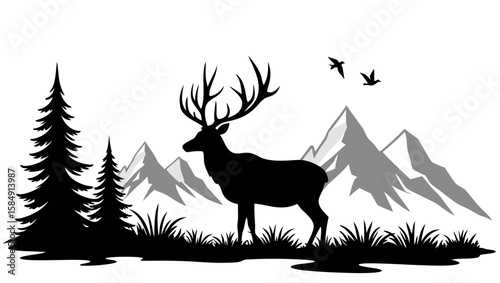 Majestic stag with large antlers stands in grassy field near pine trees and mountains