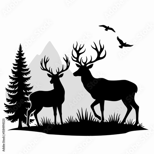 Majestic stags in mountain landscape with soaring birds deer antlers