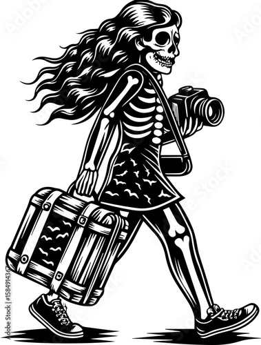 SVG of skull hip urban skeleton with a cool, vibrant vibe. Striking Skeleton Woman with Camera and Luggage in Vintage Style