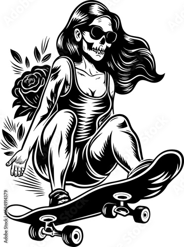 SVG of skull hip urban skeleton with a cool, vibrant vibe. Skull Girl Skateboarding in Floral Design with Sunglasses and Style