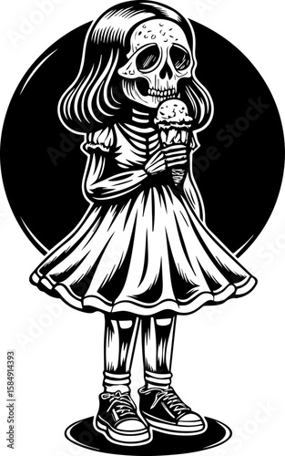 SVG of skull hip urban skeleton with a cool, vibrant vibe. Girl with Skull Head Holding Ice Cream Cone in Vintage Style