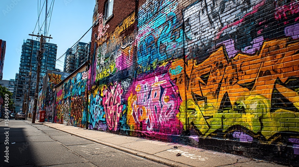 Fototapeta premium Vibrant Graffiti Art Adorning a Brick Wall in an Urban Streetscape