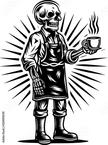 SVG of skull hip urban skeleton with a cool, vibrant vibe. Skeleton Barista Serving Coffee with Retro Vintage Style Art
