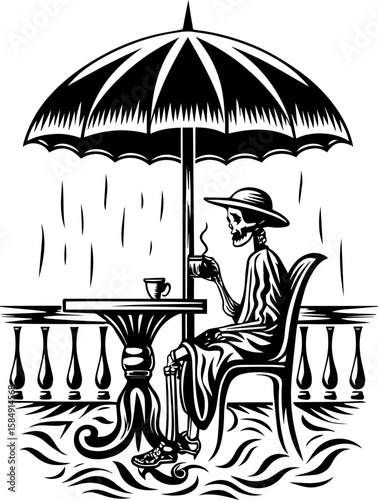 SVG of skull hip urban skeleton with a cool, vibrant vibe. Contemplative Skeleton Enjoying Coffee Under Umbrella in Rain