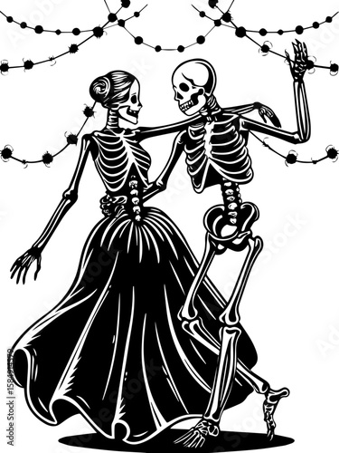 SVG of skull hip urban skeleton with a cool, vibrant vibe. Spooky Skeleton Couple Dancing in Elegant Attire for Halloween Celebration