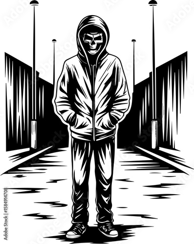 SVG of skull hip urban skeleton with a cool, vibrant vibe. Mysterious Figure in Dark Alleyway with Shadows and Streetlights