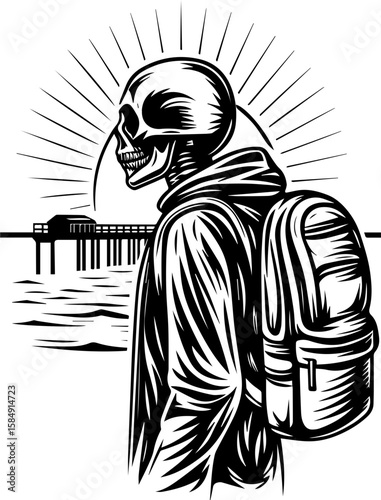 SVG of skull hip urban skeleton with a cool, vibrant vibe. Skeleton Figure with Backpack against Ocean Sunset Pier Silhouette