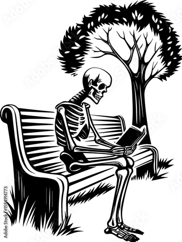 SVG of skull hip urban skeleton with a cool, vibrant vibe. Skeleton Sitting on Bench Reading Book in Nature Scene