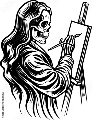 SVG of skull hip urban skeleton with a cool, vibrant vibe. Artistic Skeleton Painting on Canvas with Brush in Hand