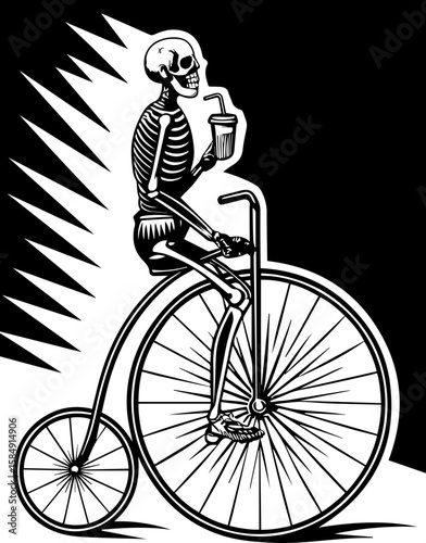 SVG of skull hip urban skeleton with a cool, vibrant vibe. Skeleton Riding Penny-Farthing Bicycle with Drink in Hand