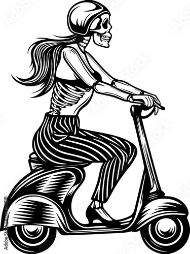 SVG of skull hip urban skeleton with a cool, vibrant vibe. Skeleton Riding Scooter in Vintage Style Artwork for Halloween Themes