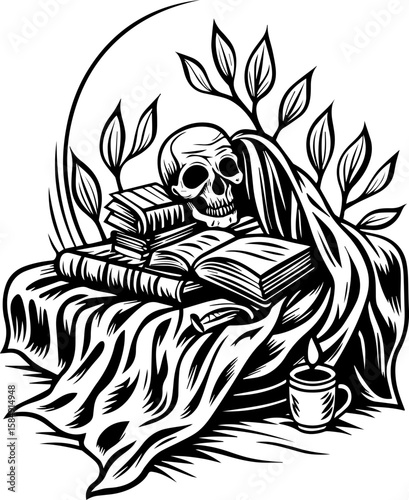 SVG of skull hip urban skeleton with a cool, vibrant vibe. Skull Among Books and Candle Embodying Mortality and Knowledge