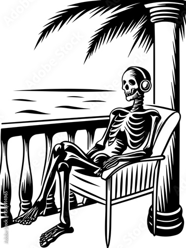 SVG of skull hip urban skeleton with a cool, vibrant vibe. Skeleton Relaxing on Balcony with Ocean View and Palm Tree