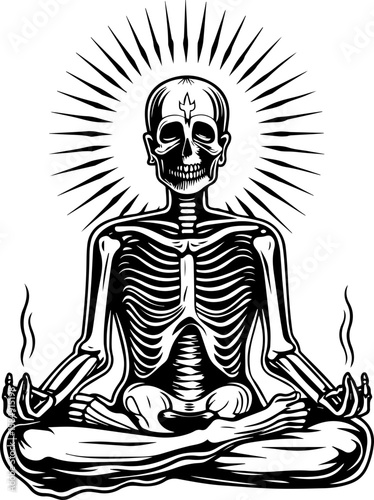 SVG of skull hip urban skeleton with a cool, vibrant vibe. Skeleton Meditating with Spiritual Rays in Black and White Art