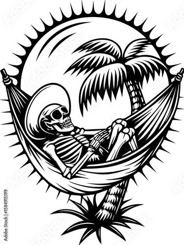 SVG of skull hip urban skeleton with a cool, vibrant vibe. Skeleton Relaxing in Hammock Under Palm Tree with Sun Design