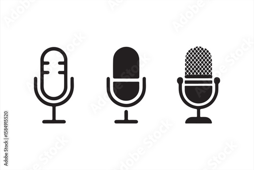 Set of vector microphone icons with different styles, showcasing classic, modern, and mesh microphones for sound recording.