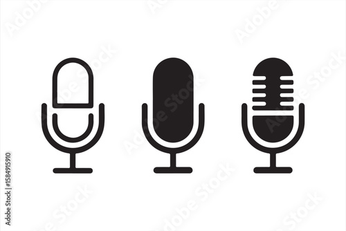  A set of vector microphone icons featuring different styles of microphones for audio and recording applications