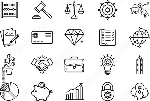 A collection of vector icons representing various aspects of finance, business, and investment. Includes symbols for accounting, banking, financial services, and related concepts. Ideal for use in pre