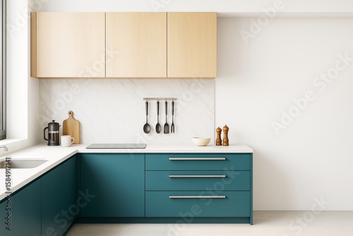 Modern minimalist kitchen interior with teal cabinets, wooden upper storage, marble backsplash, and white countertop in bright empty room.