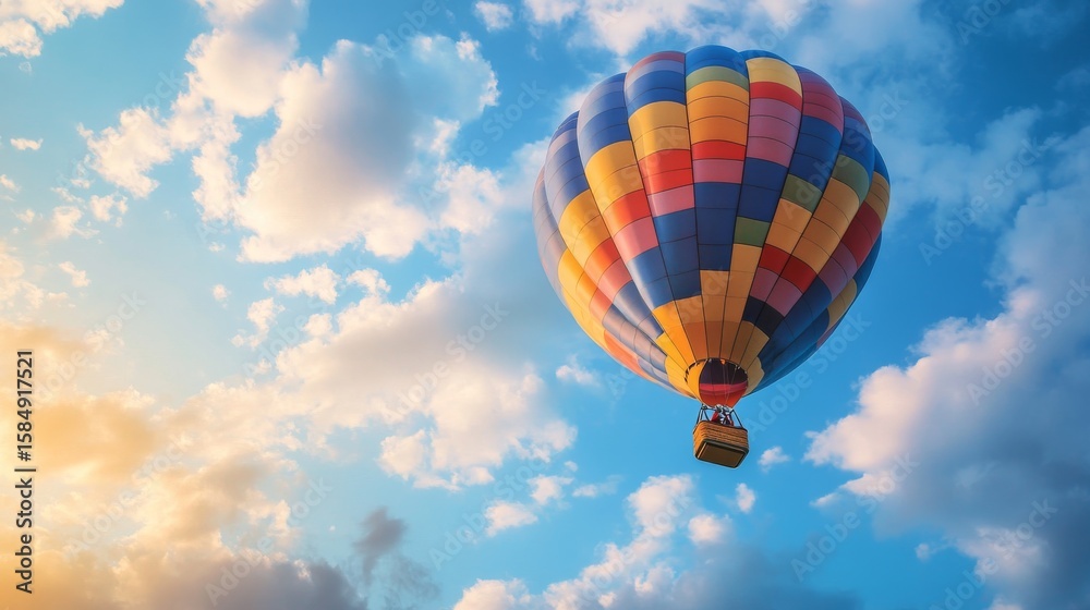 Fototapeta premium A colorful hot air balloon flies through a bright blue sky with fluffy white clouds.