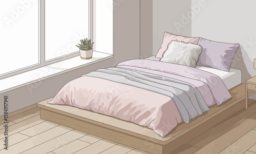 Serene Bedroom Interior: Soft Light & Pastel Bedding