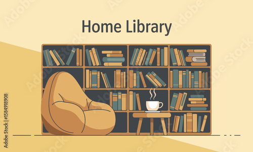 Illustration of a cozy home library featuring a bookshelf filled with books, a beanbag chair, and a small table with a steaming cup.