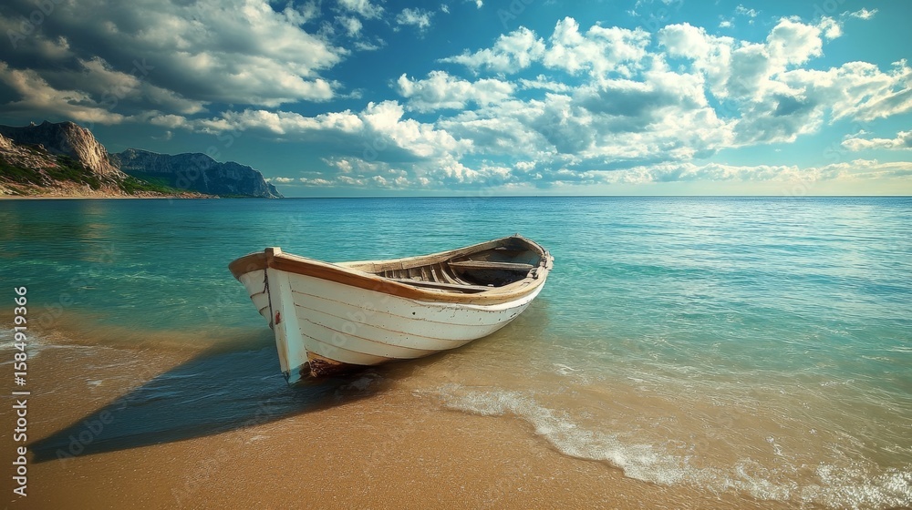 Naklejka premium A small white boat sits on a sandy beach with clear blue water and mountains in the distance.