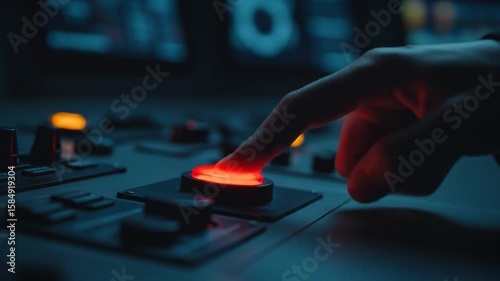 Finger presses glowing red button on futuristic control panel in dark room