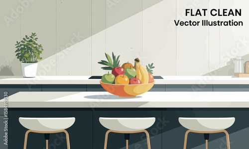 A bright kitchen scene featuring a bowl of fruit on a countertop, with stools in front and a potted plant nearby.