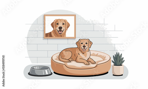 A golden retriever dog rests comfortably on its bed, with a portrait of itself hanging on the brick wall above. A food bowl and plant sit nearby.