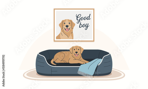 A golden retriever lies comfortably in a blue dog bed with a blanket, beneath a framed portrait of a similar dog labeled "Good boy".