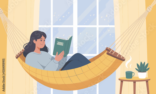 Serene Reading: Woman Relaxing in Hammock with Book