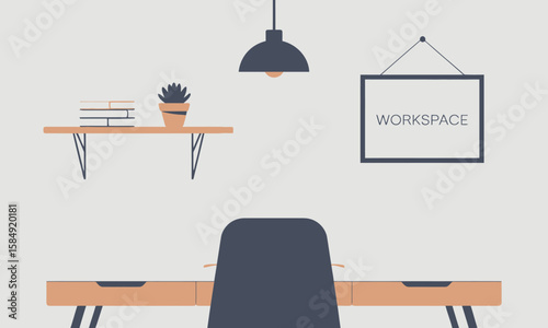 Illustration of a minimalist workspace featuring a desk, chair, shelf with books and plant, hanging lamp, and framed "WORKSPACE" text on a light background.