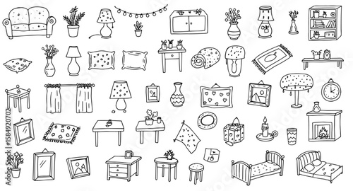 Collection of Hand-Drawn Home Furniture and Interior Decor Doodle Icons