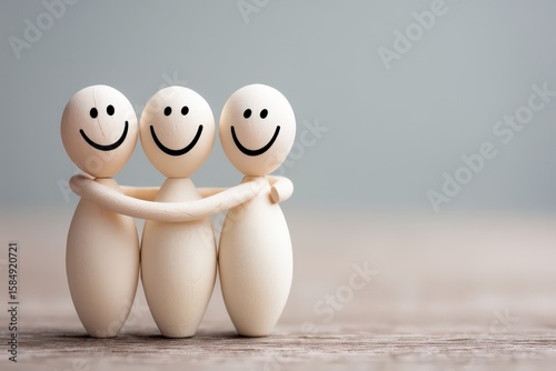 Three cheerful wooden figures represent the essence of friendship, unity, and joy in a minimalist setting, showcasing the beauty of connections and emotional well-being among individuals