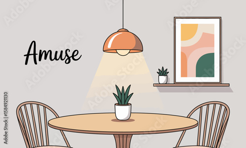 Illustration of a cozy dining area with a round table, two chairs, a hanging lamp, and decorative wall art.