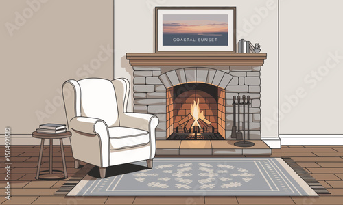 Cozy living room scene featuring a fireplace with burning logs, an armchair, a rug, and a framed picture above the mantel.