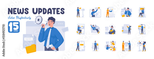 Flat vector illustration set of businesspeople sharing news updates