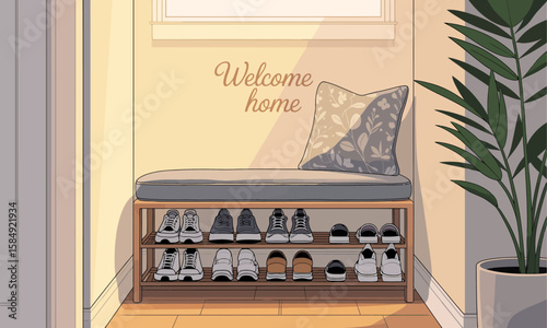 An entryway scene with a shoe rack bench, various shoes, a pillow, a plant, and "Welcome home" text above the bench.