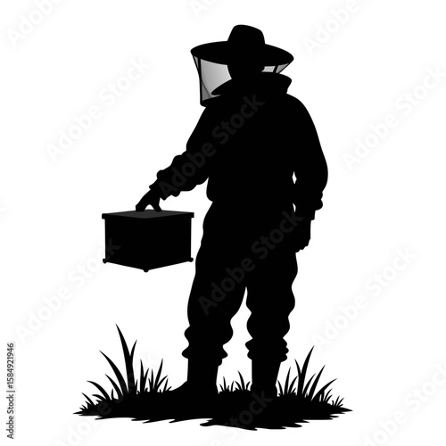 Beekeeper in protective suit holding a box in grass person veil